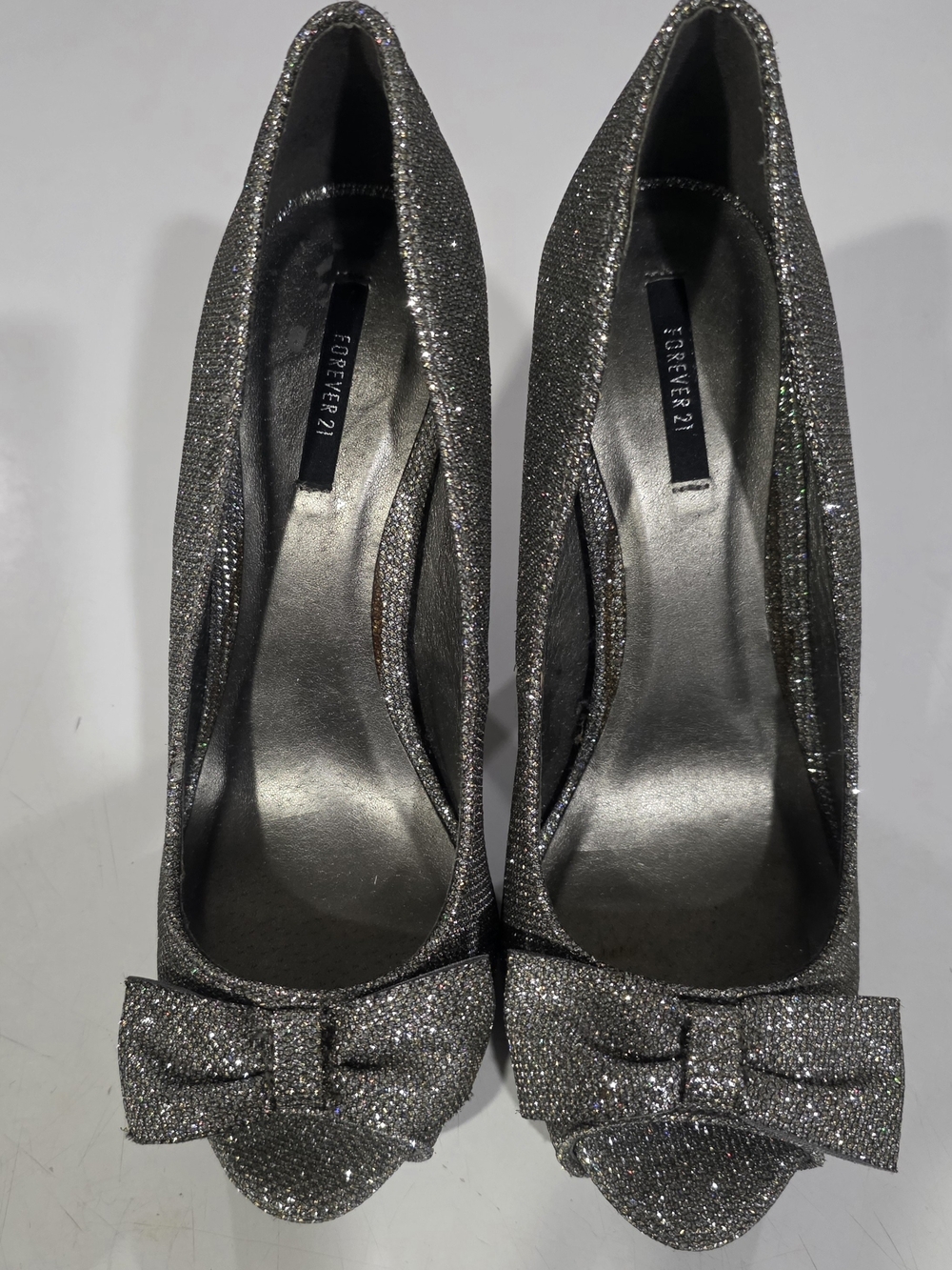Forever 21 Silver Glitter Bow Peep-Toe Pumps